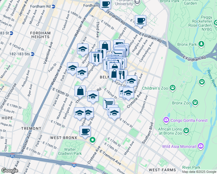 map of restaurants, bars, coffee shops, grocery stores, and more near 2221 Adams Place in Bronx