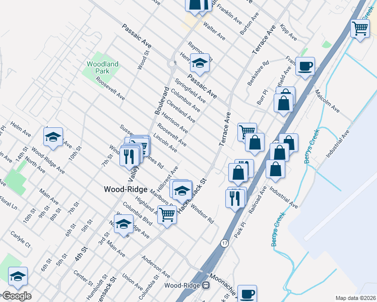 map of restaurants, bars, coffee shops, grocery stores, and more near 314 Roosevelt Avenue in Hasbrouck Heights