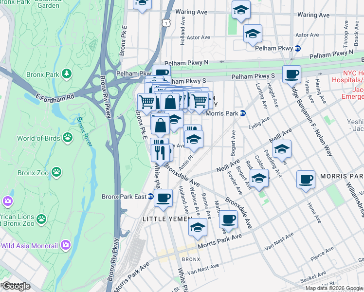 map of restaurants, bars, coffee shops, grocery stores, and more near 752 Brady Avenue in Bronx