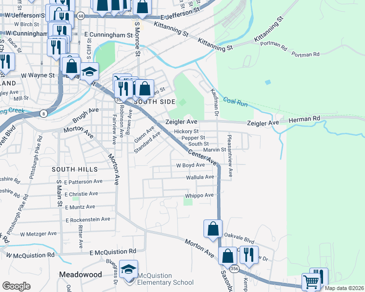 map of restaurants, bars, coffee shops, grocery stores, and more near 12 South Street in Butler