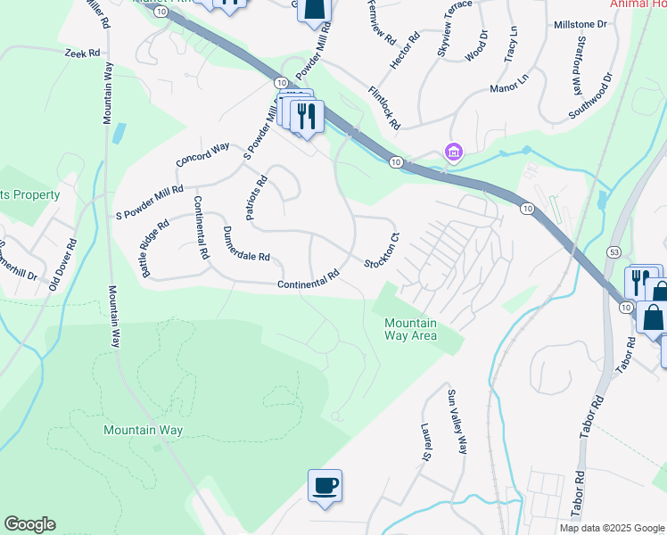 map of restaurants, bars, coffee shops, grocery stores, and more near 209 Patriots Road in Morris Plains