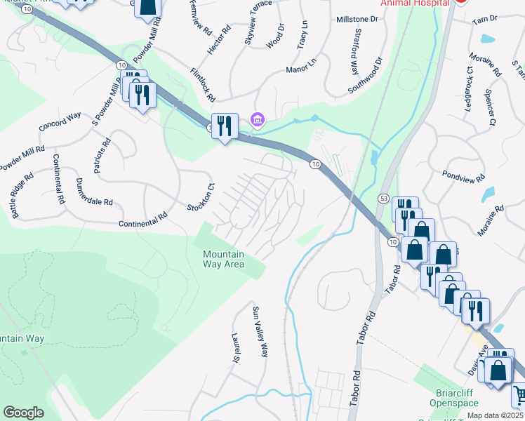 map of restaurants, bars, coffee shops, grocery stores, and more near in Morris Plains
