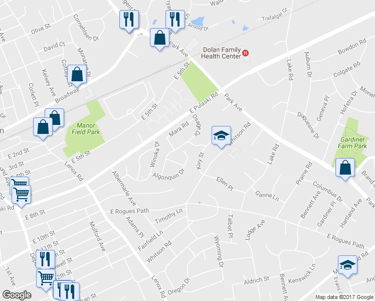 map of restaurants, bars, coffee shops, grocery stores, and more near 30 Algonquin Drive in Huntington Station