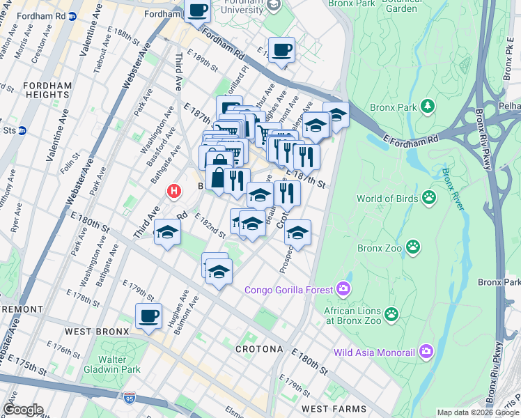 map of restaurants, bars, coffee shops, grocery stores, and more near 685 East 183rd Street in Bronx