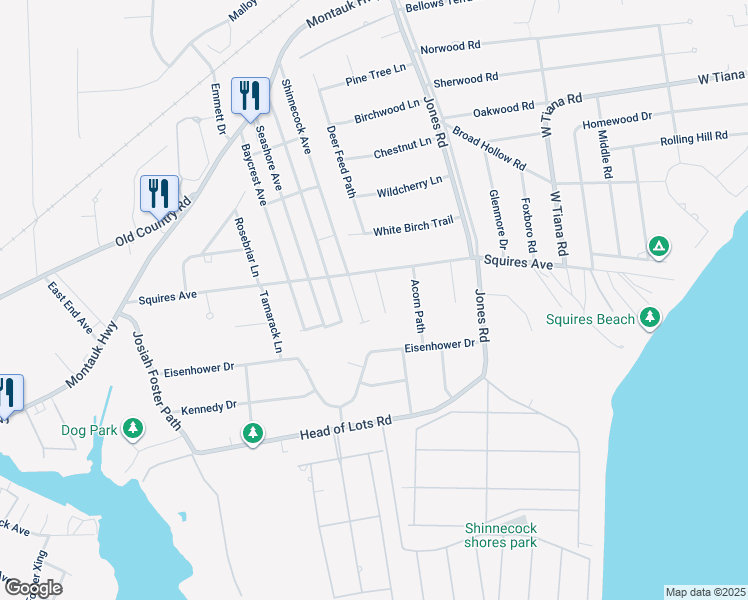 map of restaurants, bars, coffee shops, grocery stores, and more near 6 Beechnut Court in East Quogue