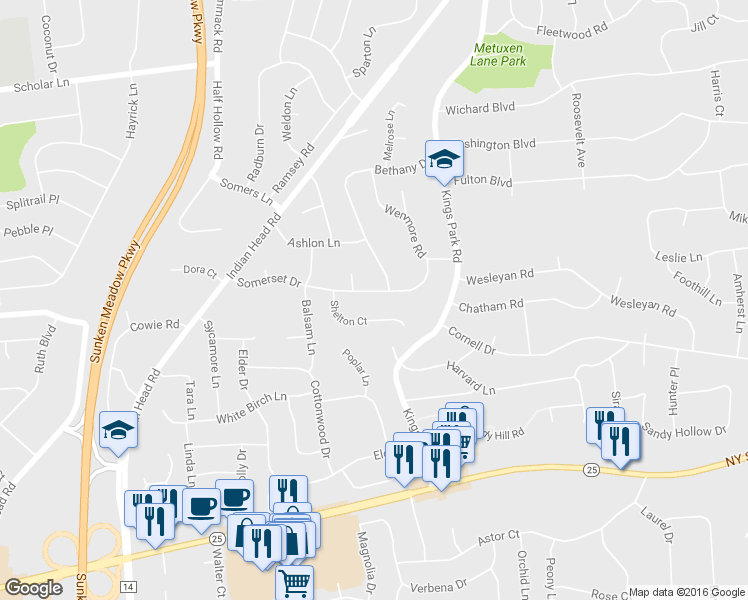 map of restaurants, bars, coffee shops, grocery stores, and more near 38 Somerset Drive in Commack