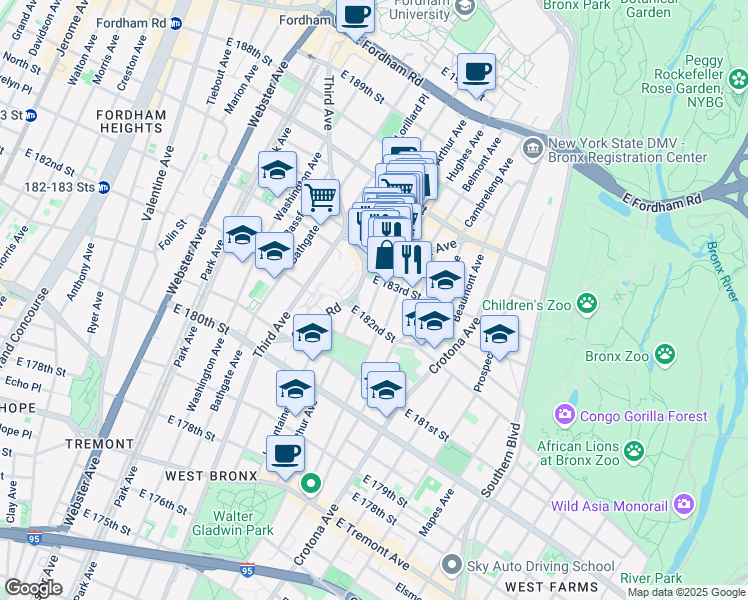 map of restaurants, bars, coffee shops, grocery stores, and more near in Bronx