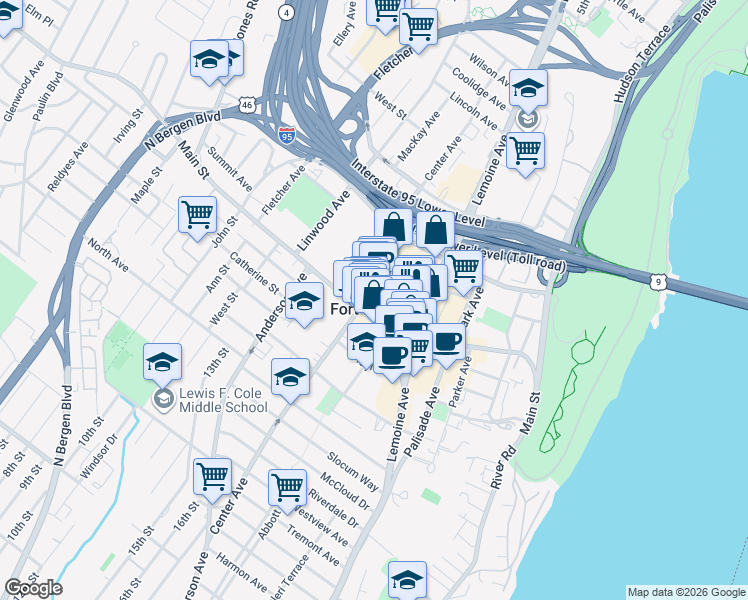 map of restaurants, bars, coffee shops, grocery stores, and more near in Fort Lee