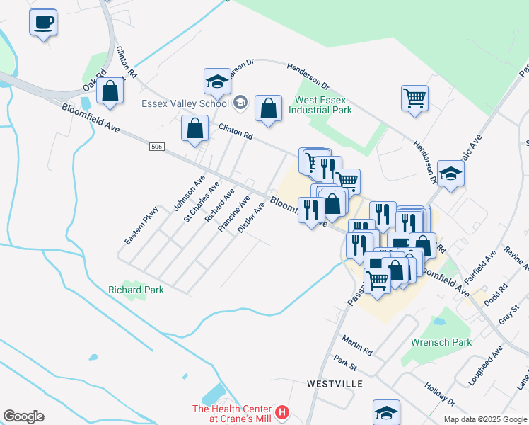 map of restaurants, bars, coffee shops, grocery stores, and more near 8 Distler Avenue in West Caldwell