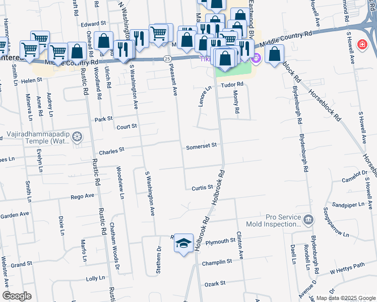 map of restaurants, bars, coffee shops, grocery stores, and more near 58 Somerset Street in Centereach
