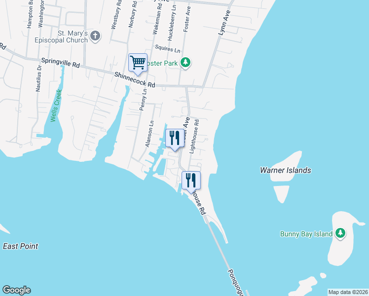 map of restaurants, bars, coffee shops, grocery stores, and more near 79 Foster Avenue in Hampton Bays