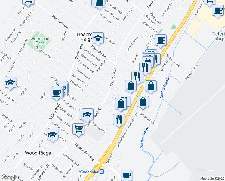 map of restaurants, bars, coffee shops, grocery stores, and more near 50 Terrace Avenue in Hasbrouck Heights