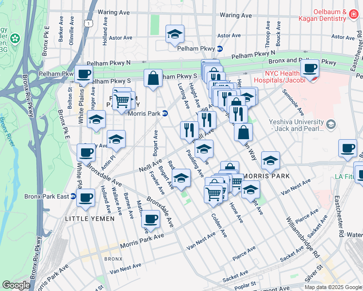 map of restaurants, bars, coffee shops, grocery stores, and more near 1027 Neill Avenue in Bronx