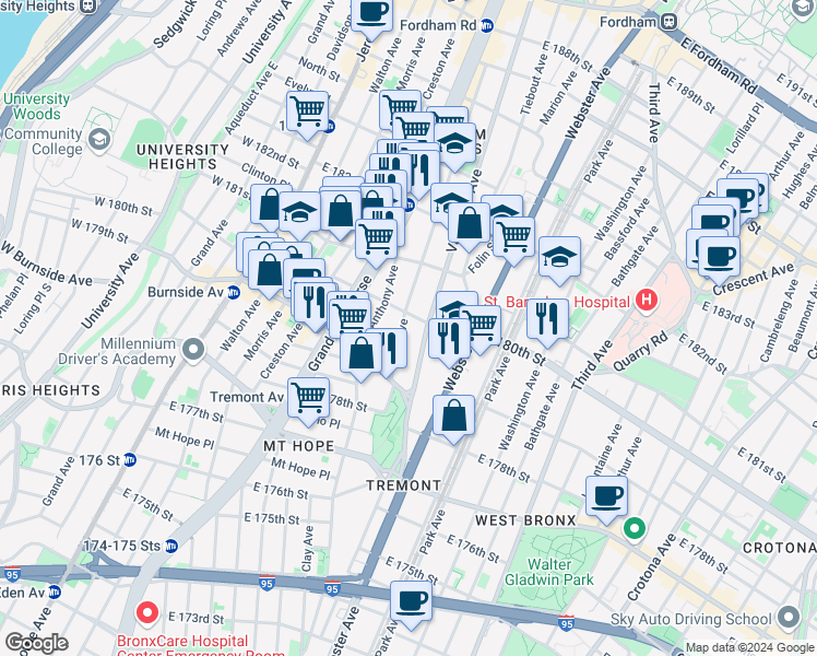 map of restaurants, bars, coffee shops, grocery stores, and more near in The Bronx
