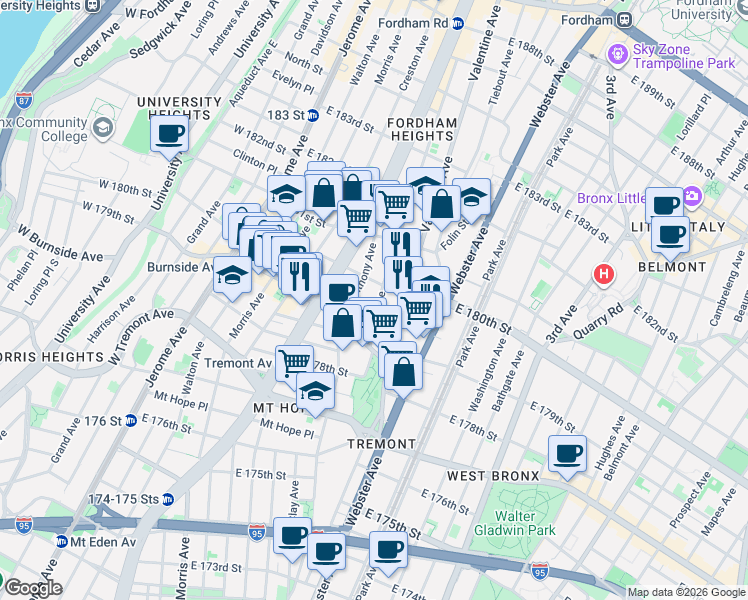 map of restaurants, bars, coffee shops, grocery stores, and more near 2065 Ryer Avenue in Bronx
