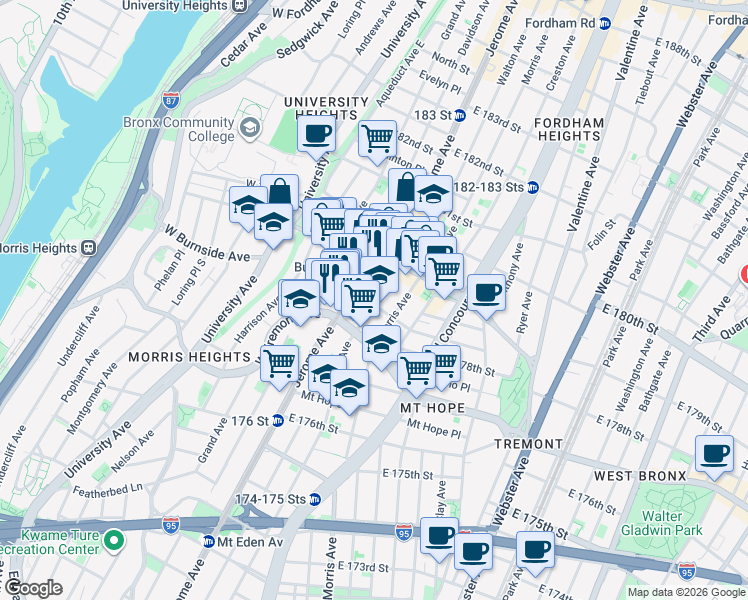 map of restaurants, bars, coffee shops, grocery stores, and more near 2003 Walton Avenue in The Bronx