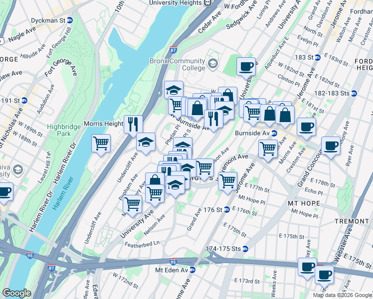 map of restaurants, bars, coffee shops, grocery stores, and more near 1820 Loring Place South in Bronx