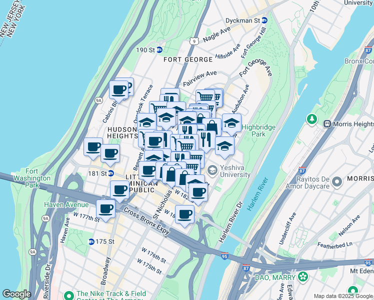 map of restaurants, bars, coffee shops, grocery stores, and more near 600 West 186th Street in New York