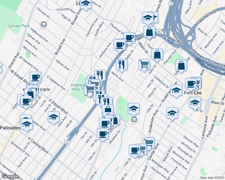map of restaurants, bars, coffee shops, grocery stores, and more near 1480 Bergen Boulevard in Fort Lee