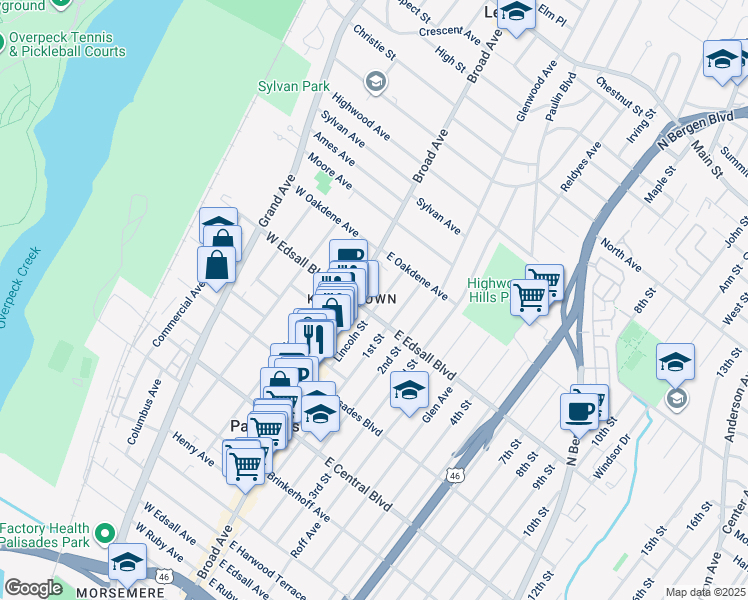 map of restaurants, bars, coffee shops, grocery stores, and more near 517 Lincoln Street in Palisades Park