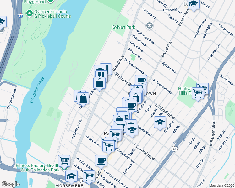 map of restaurants, bars, coffee shops, grocery stores, and more near 439 Hillside Avenue in Palisades Park