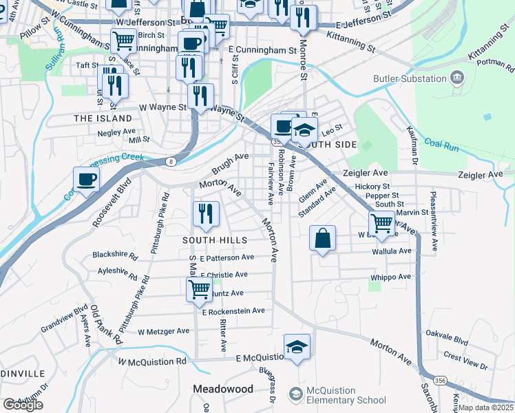 map of restaurants, bars, coffee shops, grocery stores, and more near 403 Walker Avenue in Butler