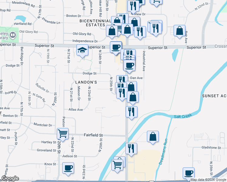 map of restaurants, bars, coffee shops, grocery stores, and more near 4110 North 25th Street in Lincoln