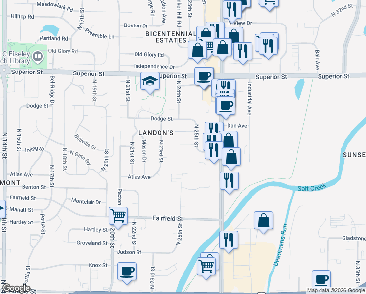 map of restaurants, bars, coffee shops, grocery stores, and more near 2405 City View Court in Lincoln