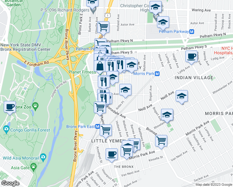 map of restaurants, bars, coffee shops, grocery stores, and more near 2022 Holland Avenue in Bronx