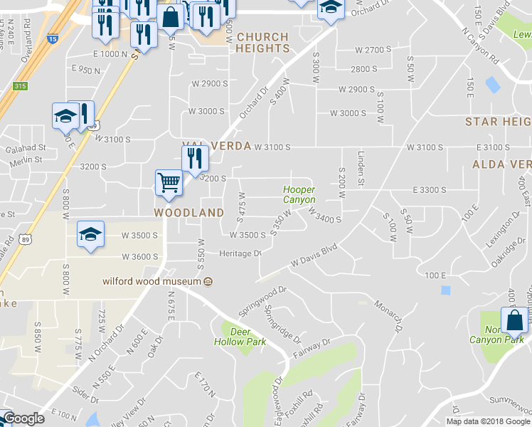 map of restaurants, bars, coffee shops, grocery stores, and more near 392 West 3400 South in Bountiful
