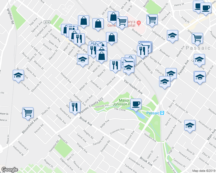 map of restaurants, bars, coffee shops, grocery stores, and more near 415 Howe Avenue in Passaic