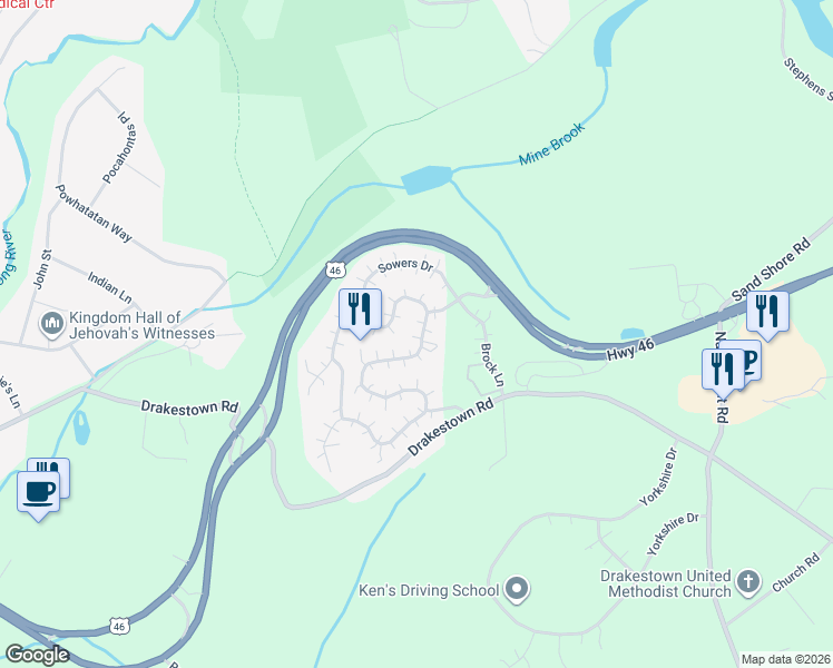 map of restaurants, bars, coffee shops, grocery stores, and more near 206 Winding Hill Dr in Hackettstown