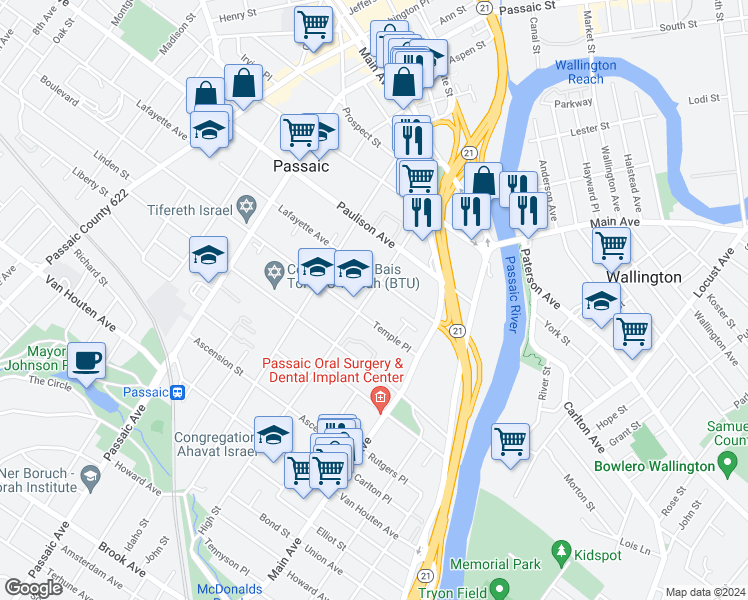map of restaurants, bars, coffee shops, grocery stores, and more near 85 High Street in Passaic