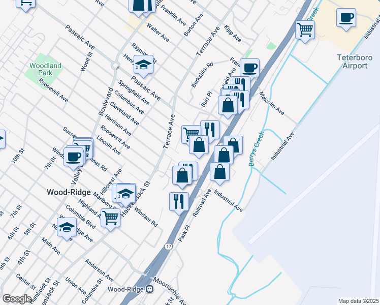 map of restaurants, bars, coffee shops, grocery stores, and more near 8 Webb Place in Hasbrouck Heights
