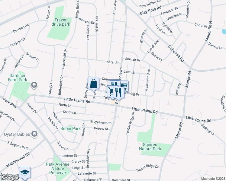 map of restaurants, bars, coffee shops, grocery stores, and more near 7 Bristol Street in Huntington