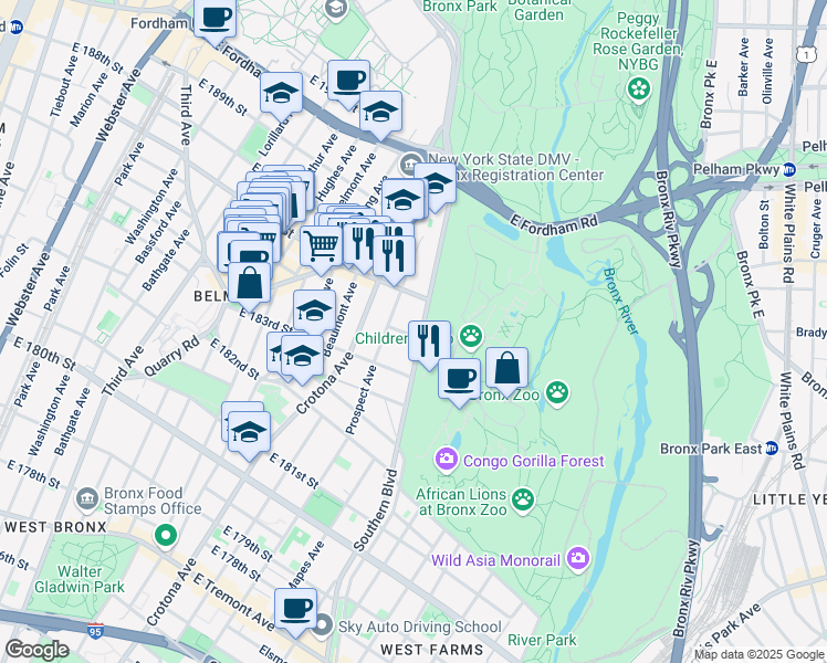 map of restaurants, bars, coffee shops, grocery stores, and more near 787 East 185th Street in Bronx