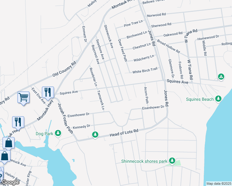 map of restaurants, bars, coffee shops, grocery stores, and more near 45 Seashore Avenue in East Quogue