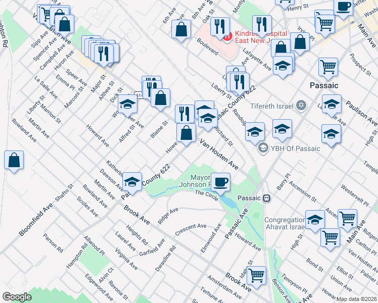 map of restaurants, bars, coffee shops, grocery stores, and more near 435 Broadway in Passaic