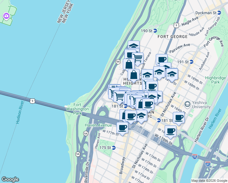 map of restaurants, bars, coffee shops, grocery stores, and more near 120 Cabrini Boulevard in New York