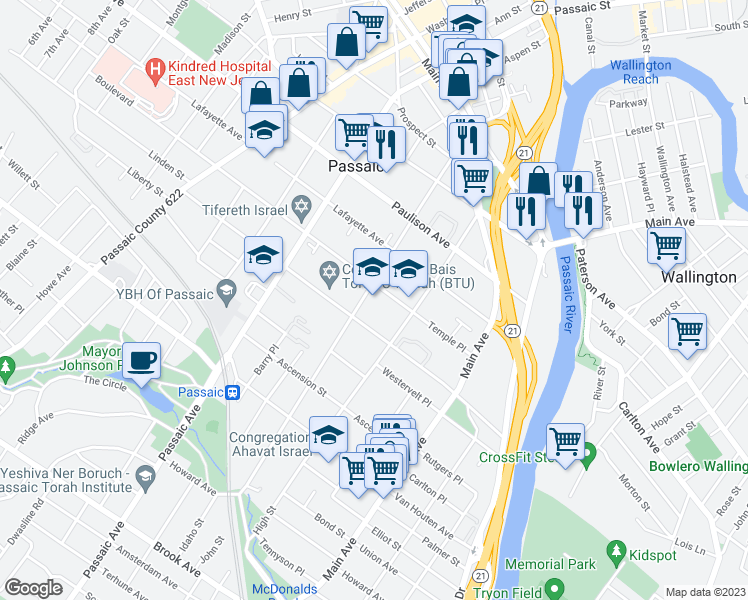 map of restaurants, bars, coffee shops, grocery stores, and more near 85 Passaic Street in Passaic