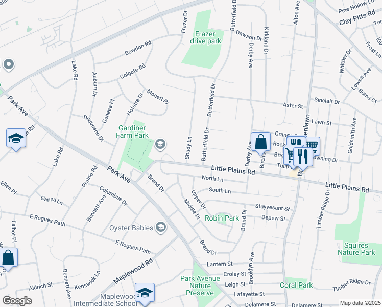 map of restaurants, bars, coffee shops, grocery stores, and more near 10 Shady Lane in Huntington