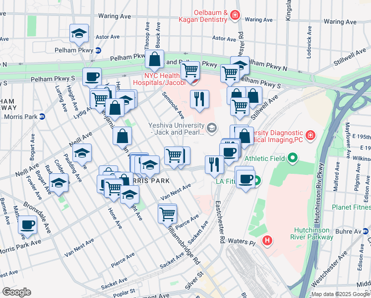 map of restaurants, bars, coffee shops, grocery stores, and more near 1766 Seminole Avenue in Bronx