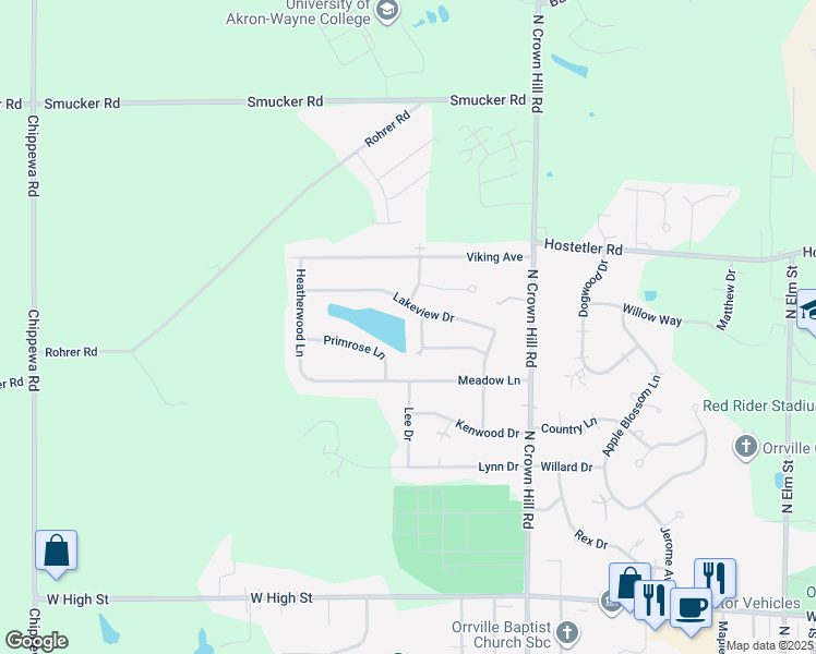 map of restaurants, bars, coffee shops, grocery stores, and more near 1900 Cloveridge Dr in Orrville