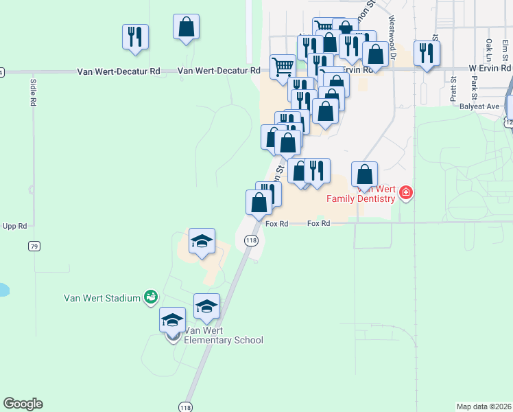 map of restaurants, bars, coffee shops, grocery stores, and more near 1369-1379 South Shannon Street in Van Wert