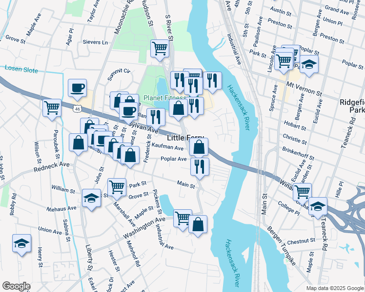 map of restaurants, bars, coffee shops, grocery stores, and more near 95 U.S. 46 in Little Ferry