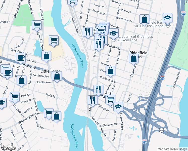 map of restaurants, bars, coffee shops, grocery stores, and more near 15 Brinkerhoff Street in Ridgefield Park