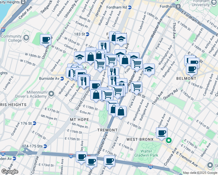 map of restaurants, bars, coffee shops, grocery stores, and more near in The Bronx