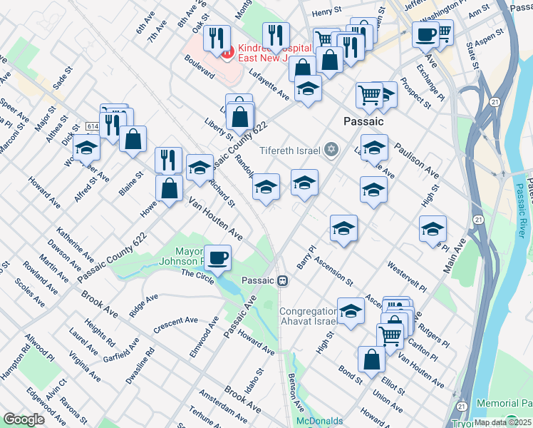 map of restaurants, bars, coffee shops, grocery stores, and more near 270 Passaic Avenue in Passaic
