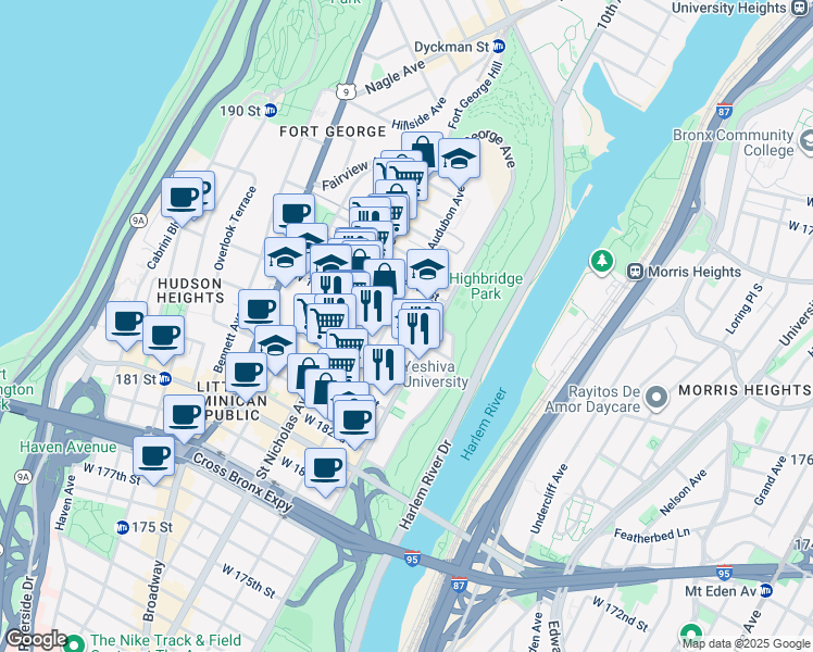 map of restaurants, bars, coffee shops, grocery stores, and more near 523 West 187th Street in New York