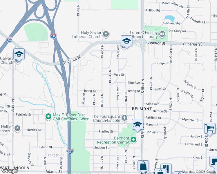 map of restaurants, bars, coffee shops, grocery stores, and more near 4121 North 11th Street in Lincoln